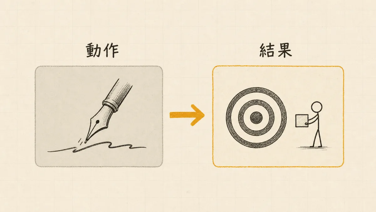 動作與結果的對照圖:左邊只有一個動詞,右邊有目標靶心與收到成品的對象