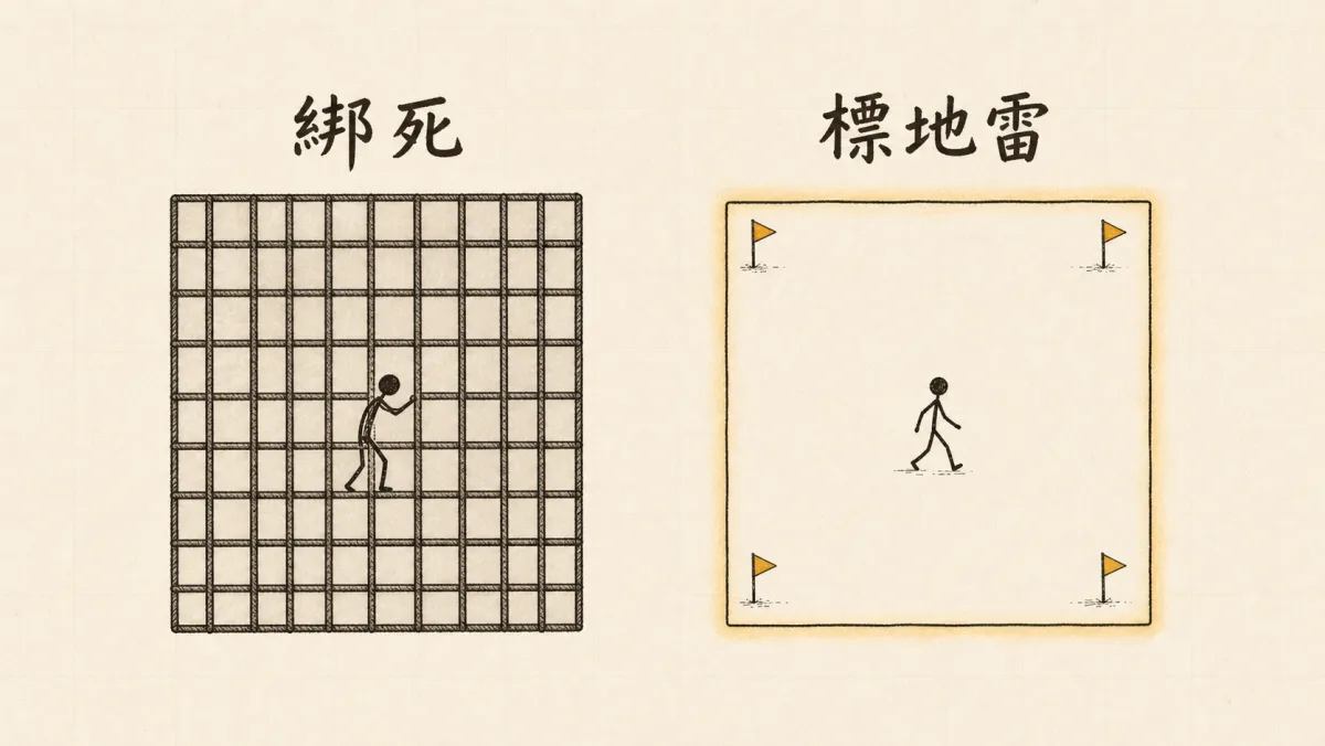 綁死與標地雷的對照圖：左邊被鐵欄杆封死，右邊只標關鍵幾處保留發揮空間