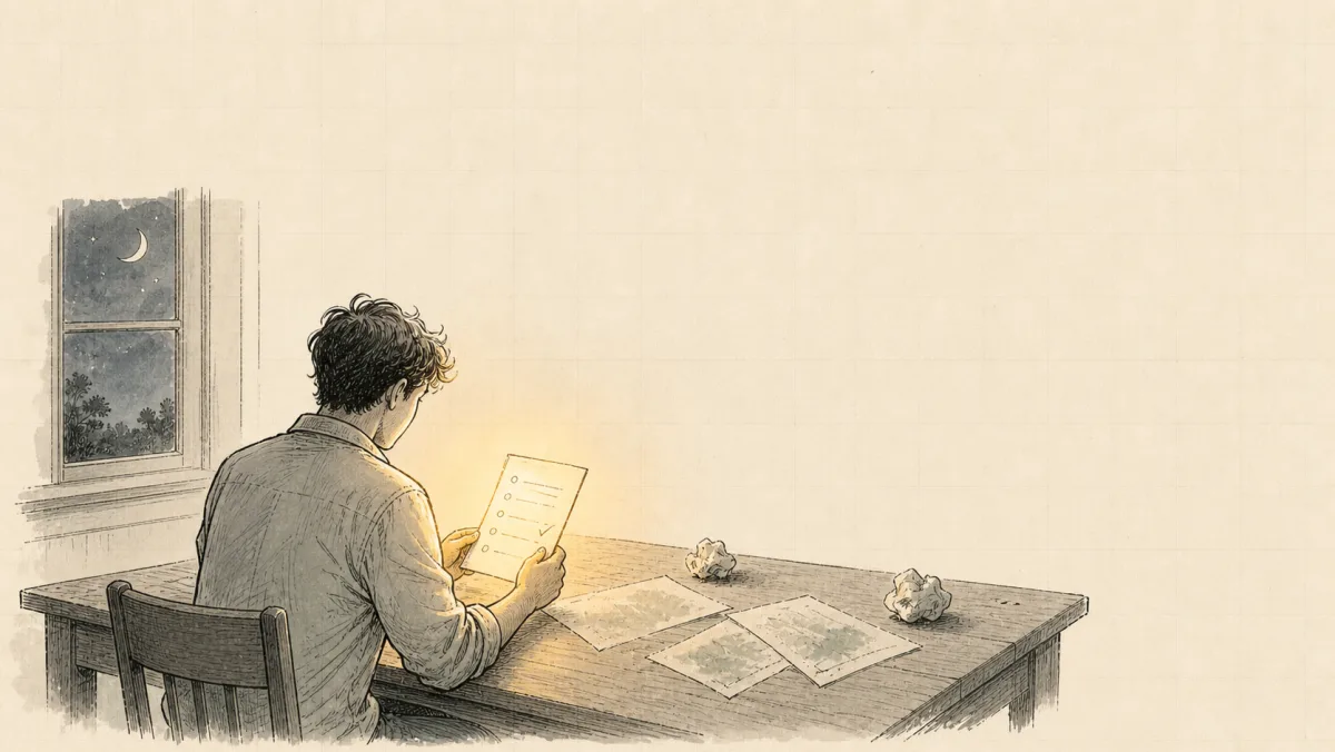 面對幾張方向歪掉的草稿、仍冷靜拿出檢查清單逐項核對的概念插畫