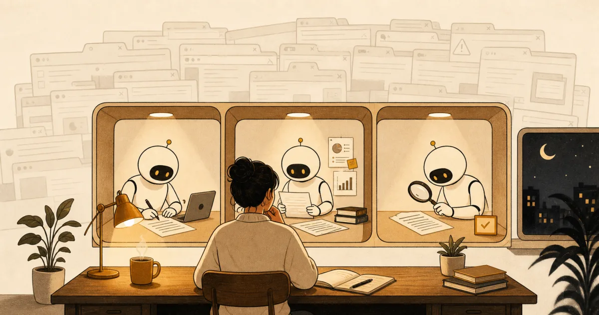 深夜書桌前，一個人面對三個各司其職的 AI 小隔間